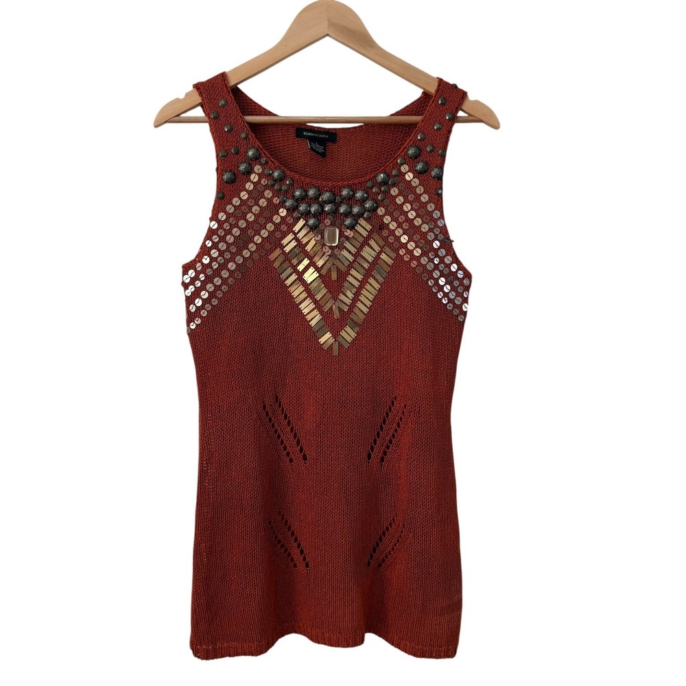 BCBGMaxAzria Embellished Sequin Beaded Sleeveless Sweater Sz L Rust Cutouts Boho